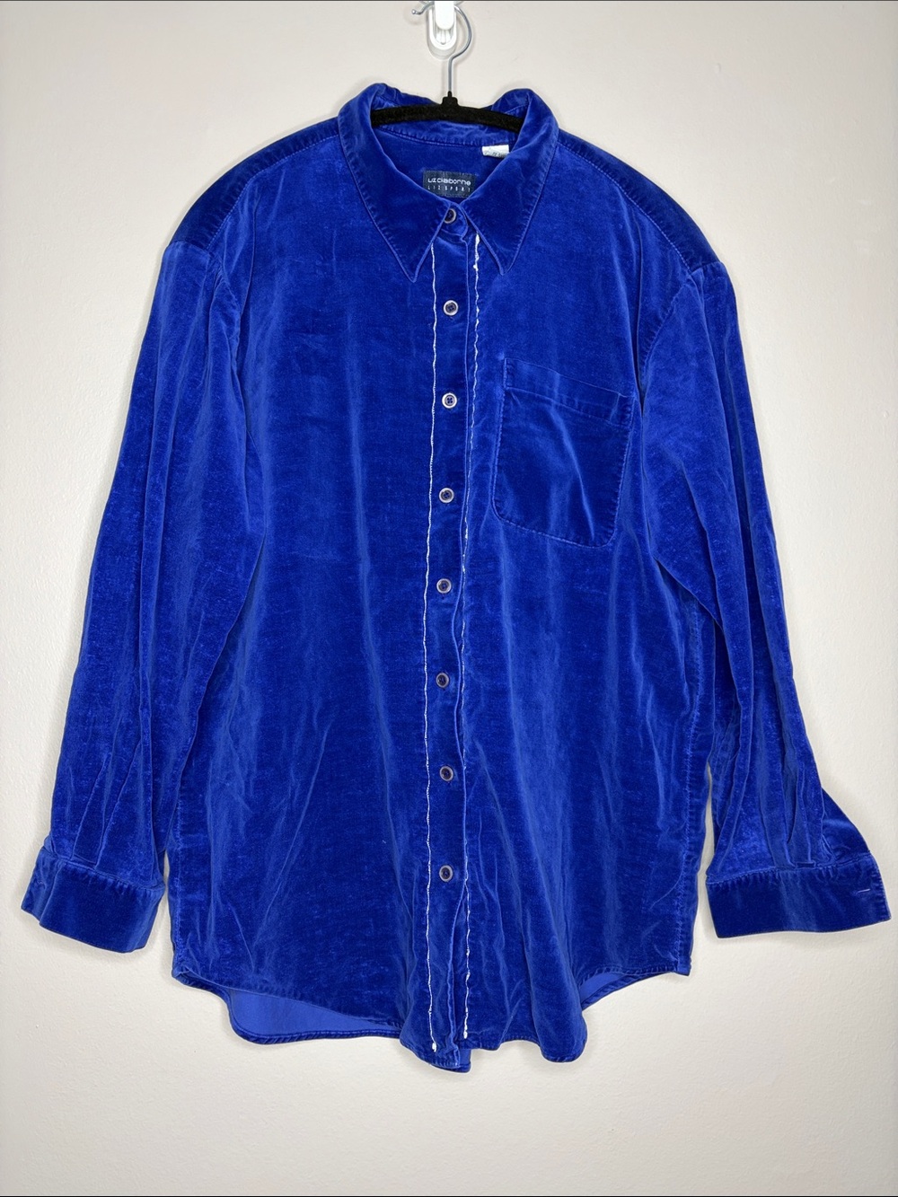 VTG Liz Claiborne Royal Blue Velvet Button Down Shirt Shacket Size L EUC